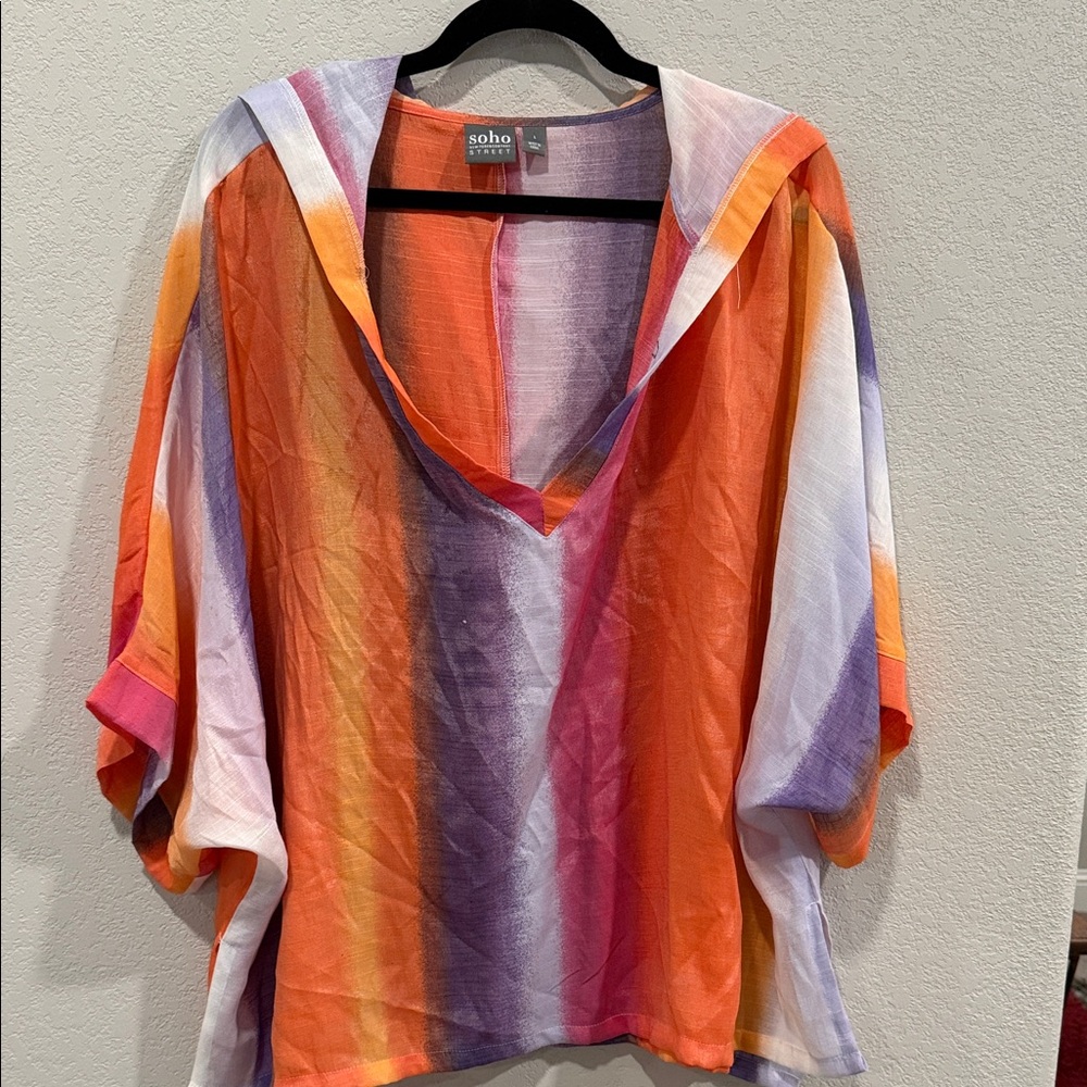Soho NY & Company Vibrant Striped Hooded V-Neck Top - Orange, Purple, Pink